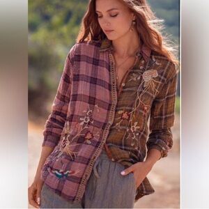 Johnny Was Varlese Multicolor Embroidered Plaid Oversized Shirt Size XS